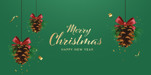 Beautiful 3D Christmas pine cones decorated with red bows and golden sparkles hanging on elegant green background. Christmas Social Media Post Design Vector Illustration 