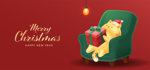 3D Relaxed cat sleeping on green armchair holding Christmas gift under warm holiday lighting atmosphere. Christmas Social Media Post Design Vector Illustration 