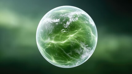 Close Up Macro View of a Glowing Digital Eco Sphere with Intricate Green Energy Patterns and White Sparkles Against a Soft Blurred Green Background with Subtle Light Effects