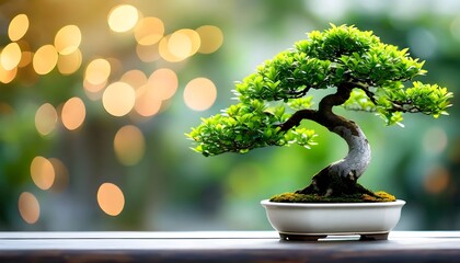 A serene bonsai tree, meticulously shaped, sits in a white pot, with blurred bokeh background.