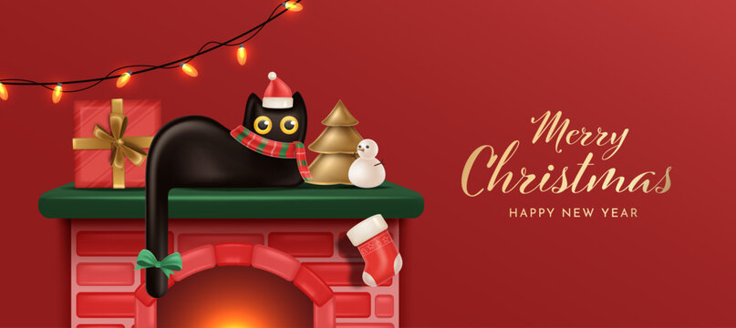 Black cat sitting on fireplace mantel surrounded by Christmas lights and snowman in cozy festive room. Christmas Banner Design Vector Illustration 