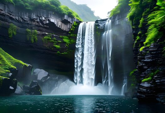 A majestic waterfall cascades into a serene pool, surrounded by lush green foliage and rocky cliffs.