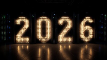 Panoramic Crypto Mining Farm with LED Server Lights Subtly Forming 2026, Moody Industrial Tech Background