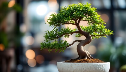 A small, meticulously crafted bonsai tree sits in a white pot, showcasing its elegant form.