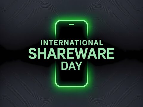 Celebrate international shareware day with a glowing neon smartphone icon symbolizing digital sharing