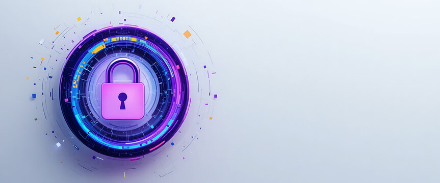 a purple and blue cyber security lock with three round glowing half rings in cyan blue and yellow around the lock in futuristic style, minimalist, clean, in a white plain background, copy space in the