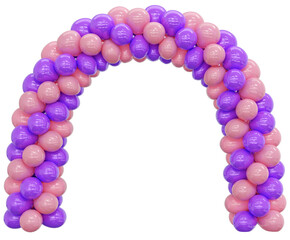 3D render balloon arch entrance. Purple, pink Balloons in the Shape of an Arc, Gate, or Portal on a white background. 3d png illustration.