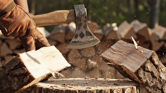 Person Wearing Gloves Chopping Wood With an Axe