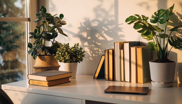 Sunlight illuminates a collection of indoor plants and reading materials arranged on a bright surface near a window.