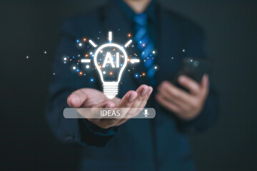 Businessman holding virtual light bulb with AI symbol, representing artificial intelligence innovation and creative ideas technology concept for digital transformation and smart business solutions.