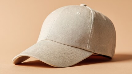 Elegant photo of textured beige baseball cap on a plain peach background.