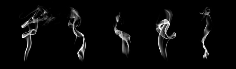 Abstract smoke on black background, soft white vapor swirl rising in elegant shapes. Minimalist concept for mystery, meditation, spirituality, and calm atmosphere design projects.