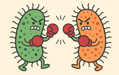 Cartoon Bacteria Boxing Duel Between Green and Orange Microbes, Humorous Health Illustration