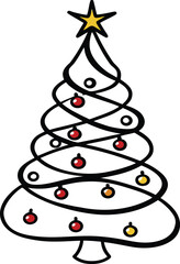 Green fir tree illustration with star and colorful balls for Christmas holiday celebration