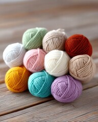 Obraz premium A Vibrant Assortment Of Soft Wool Yarn Balls In Various Pastel Colors Arranged Artfully On A Rustic Wooden Surface With Soft Natural Lighting Creating A Cozy Crafting Atmosphere
