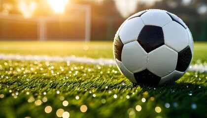 A soccer ball rests on a green grass field, illuminated by sunlight, near a goalpost.