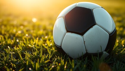 A close-up view of a soccer ball resting on a grassy field, bathed in sunlight.