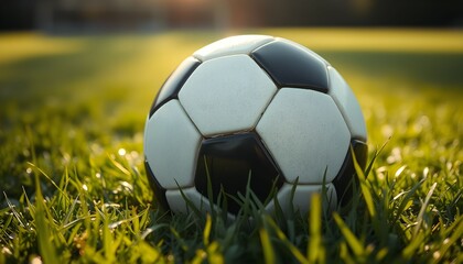 A close-up view of a soccer ball resting on green grass.