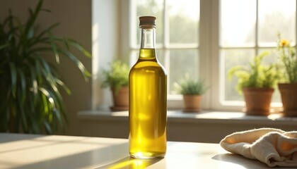 Obraz premium Clear glass bottle of golden olive oil sits on kitchen table. Sunlight streams through window, illuminating bottle, potted plants on sill. White cloth rests nearby, creating bright, fresh cooking