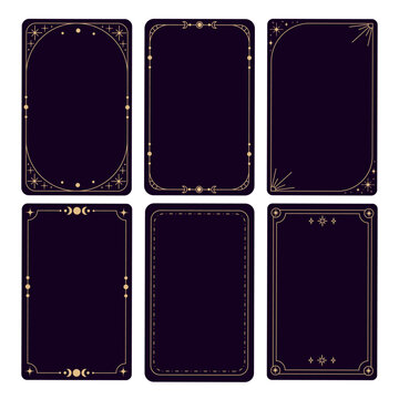 Minimalist tarot card back designs with minimal vintage frames, celestial elements, and magical borders for tarot decks, oracle cards, divination tools, spiritual products mystic design. Vector