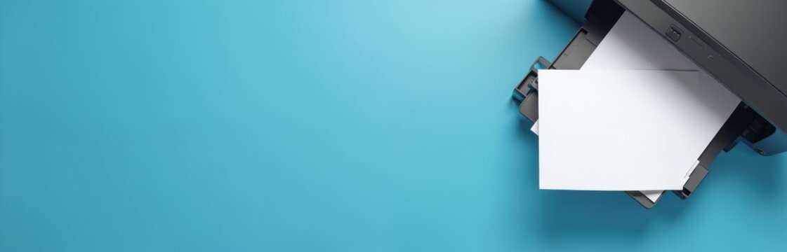 Modern printer with blank A4 paper sheet lies on bright blue background. Copy machine ready for document printing or scanning tasks. Office desktop tech gadget for home business needs.