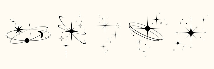 Minimal Celestial Orbit and Star Elements set in Retro Style. Abstract Y2K of star shapes, sparkles, orbit elements for digital design, stickers, branding, posters, logo, emblem, tattoo design. Vector © Ilonka eva