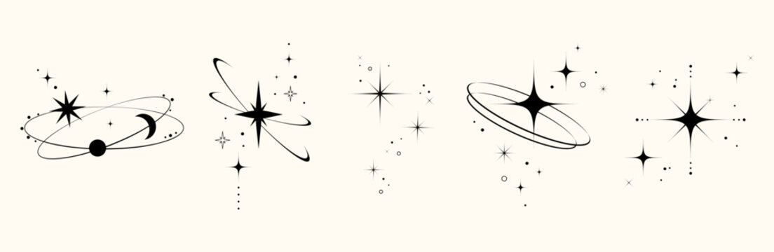 Minimal Celestial Orbit and Star Elements set in Retro Style. Abstract Y2K of star shapes, sparkles, orbit elements for digital design, stickers, branding, posters, logo, emblem, tattoo design. Vector