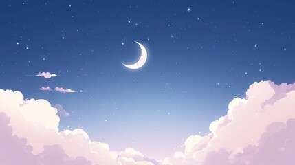 Fototapeta premium Dreamy crescent moon shines brightly over fluffy pink clouds against a star-filled twilight sky, evoking peace and wonder for a serene backdrop.