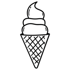 Hand-drawn doodle of ice cream in a waffle cone on a white background.