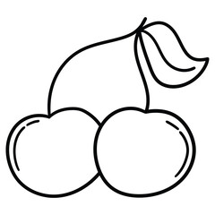 Hand-drawn doodle pair of cherries with leaf on a white background.