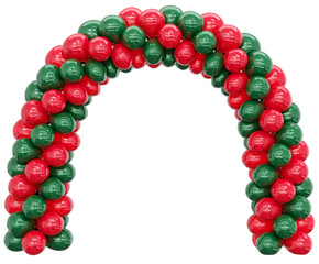 3D render balloon arch entrance. Red and green Balloons in the Shape of an Arc, Gate, or Portal on a white background. 3d png illustration.