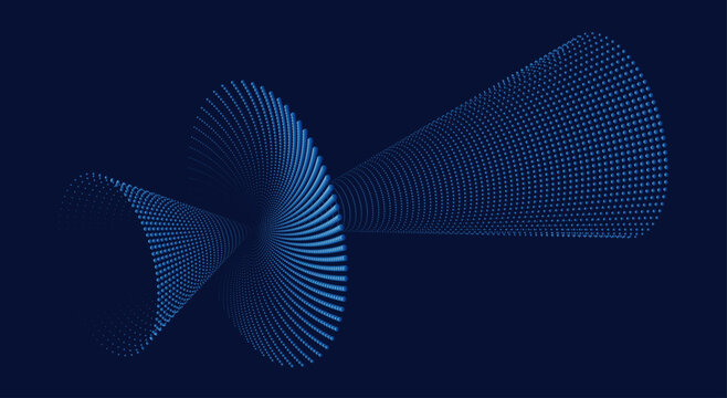 Wave interference and vanishing point perspective in abstract scientific visualization: detailed flowing stroke dots, particle effects, and dotted halftone pattern vector illustration.