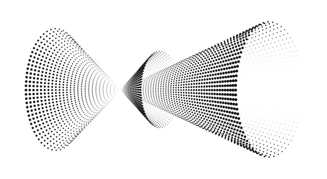 Wave interference and vanishing point perspective in abstract scientific visualization: detailed flowing stroke dots, particle effects, and dotted halftone pattern vector illustration.