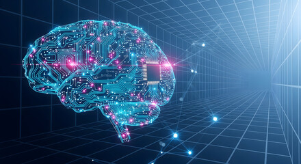 Digital Brain Circuitry with Futuristic Grid