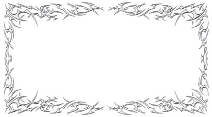 Chrome neo tribal frame border. Metallic symmetrical Y2K spiked lines and flame tattoo ornament in glossy silver style. Render transparent background