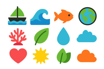 Fototapeta premium Nature and environment icon set. Flat style symbols for ecology and conservation themes.