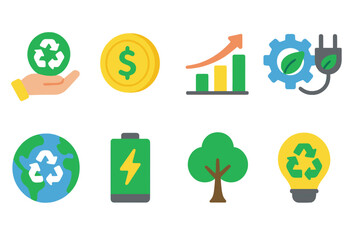 Eco-friendly, sustainability flat icon set. Green energy, recycling icons collection