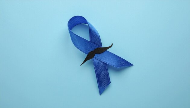 Blue ribbon with mustache for prostate cancer awareness.