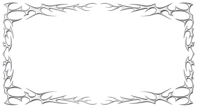Chrome neo tribal frame border. Metallic symmetrical Y2K spiked lines and flame tattoo ornament in glossy silver style. Render transparent background