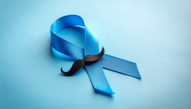 Blue ribbon with a mustache, representing prostate cancer awareness.