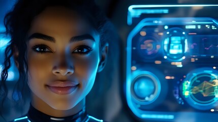 Young African American woman smiling while working with futuristic holographic interface display in dark room illuminated by blue neon lights, technology concept.
