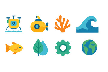 “underwater, ocean line icon set featuring submarine, wave, and marine life”