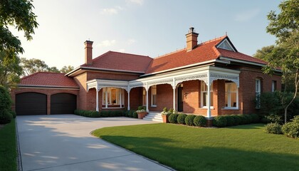 A charming red brick house with a tiled roof, white trim, and manicured garden sits on a sunny day. Features a double garage and inviting porch.