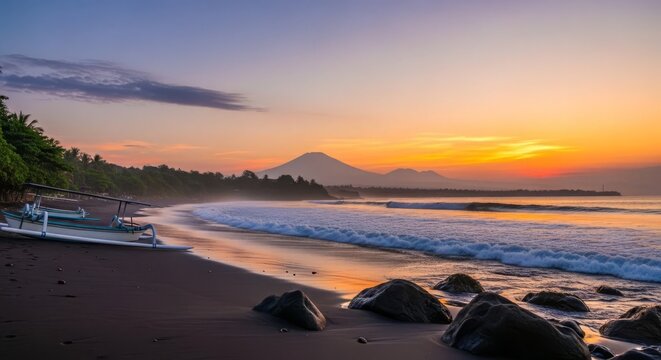 Tropical Sunrise with Traditional Boats and Volcano
