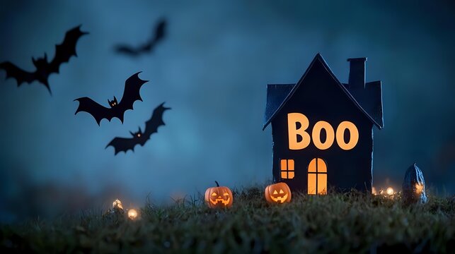 Spooky Halloween house with glowing Boo text and windows, surrounded by carved pumpkins and flying bats against dark blue night sky, creating haunted atmosphere.
