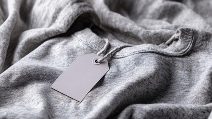 Elegant photo of closeup of a grey textured fabric with a blank tag attached.