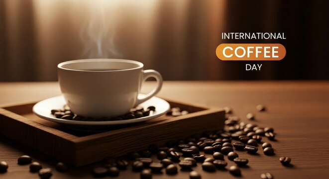 Steaming Hot Coffee Cup with Beans for International Coffee Day