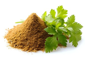 Fototapeta premium Ground coriander powder heap with fresh cilantro leaves on white background, aromatic spice for cooking and seasoning dishes.