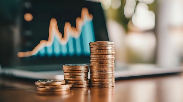Stacked coins showing financial growth with laptop displaying ascending graph chart in background, symbolizing investment success and profit increase.