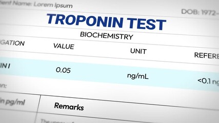 Troponin test mesauring protein 4k animation close up in blue typography. Health, medical, heart attack, muscle damage